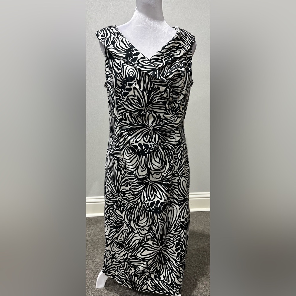 Jones NY Black & White Print Dress 14 Plus Sweetheart Neck Ruched Waist - Picture 1 of 10